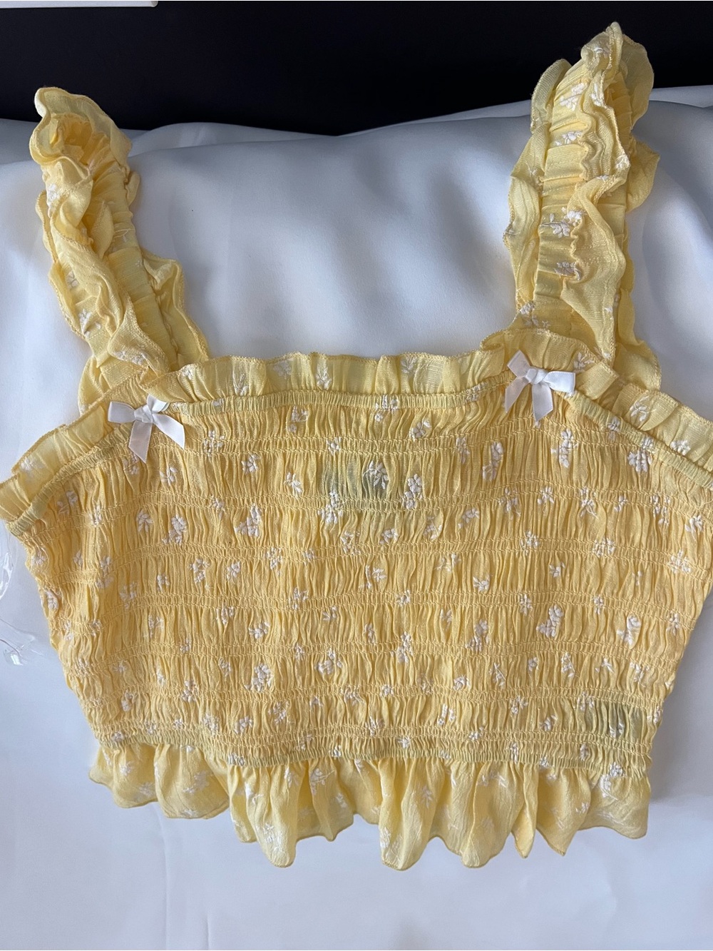 Trixxi Yellow Smocked Ruffle Crop Top with White Bows